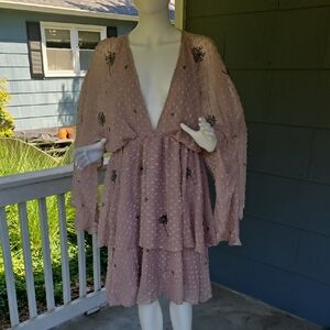 NWT Blush Pink Multi Tier Sheer Beaded Midi Dress